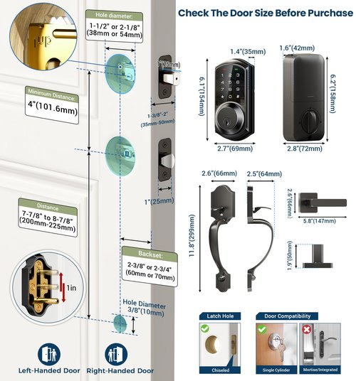 Veise VE06-H Smart Front Door Lock Set, App Control, Keyless Entry Deadbolt with Lever Handle, Electronic Digital Touchscreen Keypad, Auto Lock, Easy Install, Matte Black