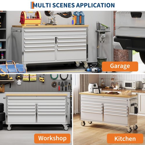 IDEALHOUSE 96 inch Rolling Tool Chest, Garage Workbench with 24 Drawers, Solid Rubber Wood Top & with Wheels Lock Key Locking, Mobile Workstation Tool Cabinet for Workshop Storage