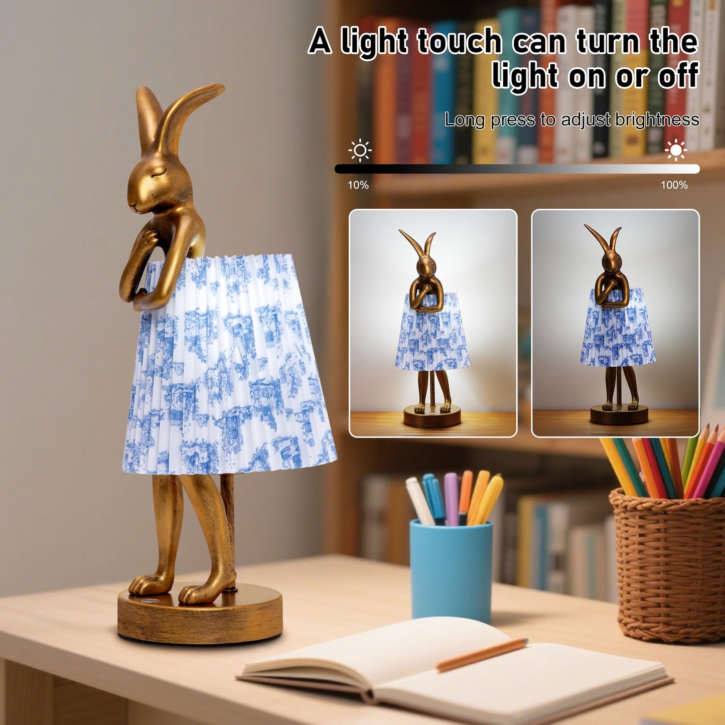 ZenithLight Rabbit Table Lamp Rechargeable, Cordless LED with Linen Shade and Gold Resin Base, Touch Dimmable Wireless Lamp for Bedroom Nightstand Kids Room Nursery Living Room - Pattern