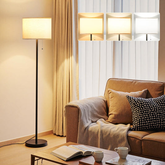 Ambimall Modern Standing Floor Lamp for Living Room & Bedroom with 3 Color Temperatures Bulb & Pull Chain Switch, 60" Tall with Beige Shade & Black Pole