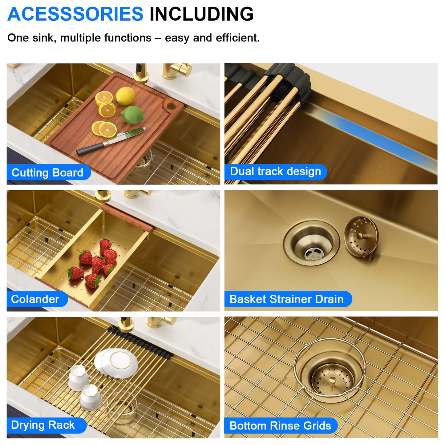 Donsdey 36 Inch Brushed Gold Undermount Workstation Kitchen Sink 36''x19'' Stainless Steel Single Bowl Undermount Large Capacity Sink with Luxury Accessories Handmade Deep Bowl Sinks