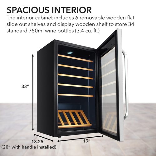 Whynter FWC-341TS 34 Bottle Freestanding Stainless Steel Wine Refrigerator with Display Shelf and Digital Control, Gray