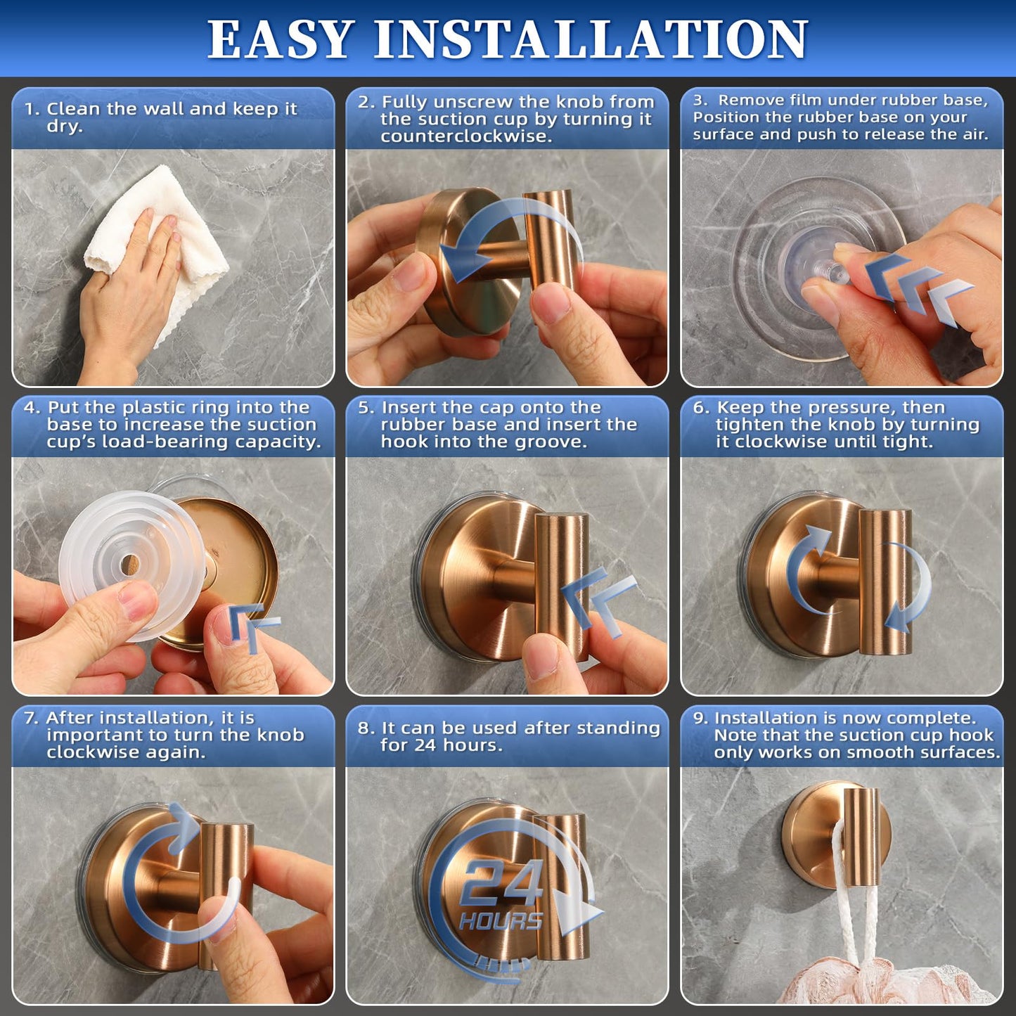 warlve Heavy Duty Reusable Suction Cup Hooks for Shower - No Drill Bathroom/Glass/Mirror/Tiles & Metal Surfaces,and Smooth Non-Porous Surfaces for Towels, Robes, Loofahs (2, Champagne Bronze)