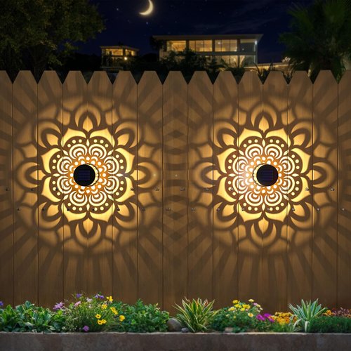 EKQ Solar Fence Lights 2 Pack Outdoor Deck Step Wall Lights Metal Waterproof LED Warm Yellow Light for Garden Post Patio Backyard Yard Decor (Mandala-1)