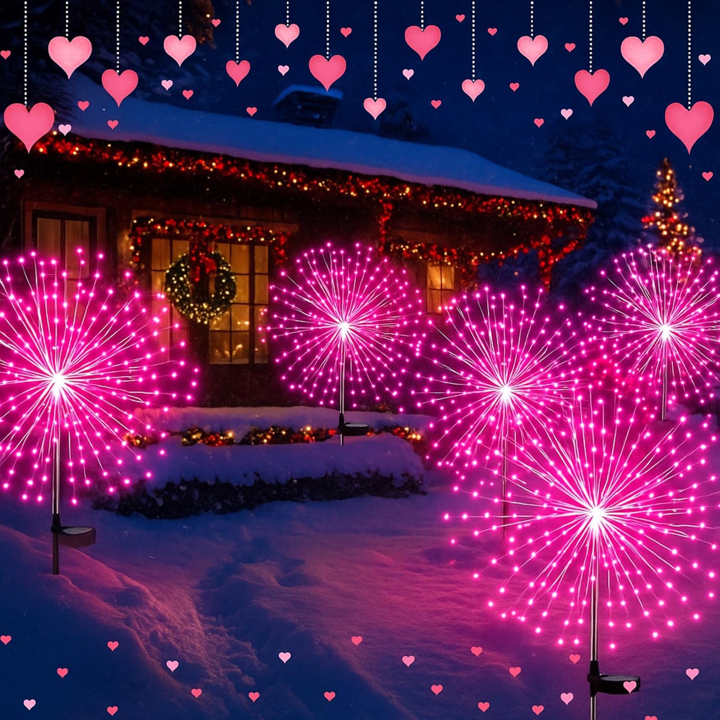 Tujoe 6 Pack Pink Solar Firework Lights 180 LED 8 Lighting Modes Waterproof Outdoor Decorative Solar Lights for Wedding Valentine Birthday Garden Patio Yard Pathway Walkway Lawn Decor