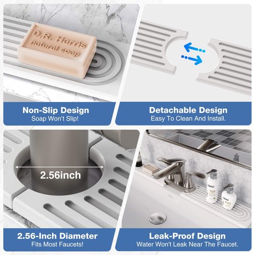 DK177 Faucet Mat for Kitchen Sink - Water Absorbing Stone Tray for Sink, Diatomite Fast-Drying Faucet Mat, Faucet Splash Guard for Bathroom Counter (White, 23.6" x 4")