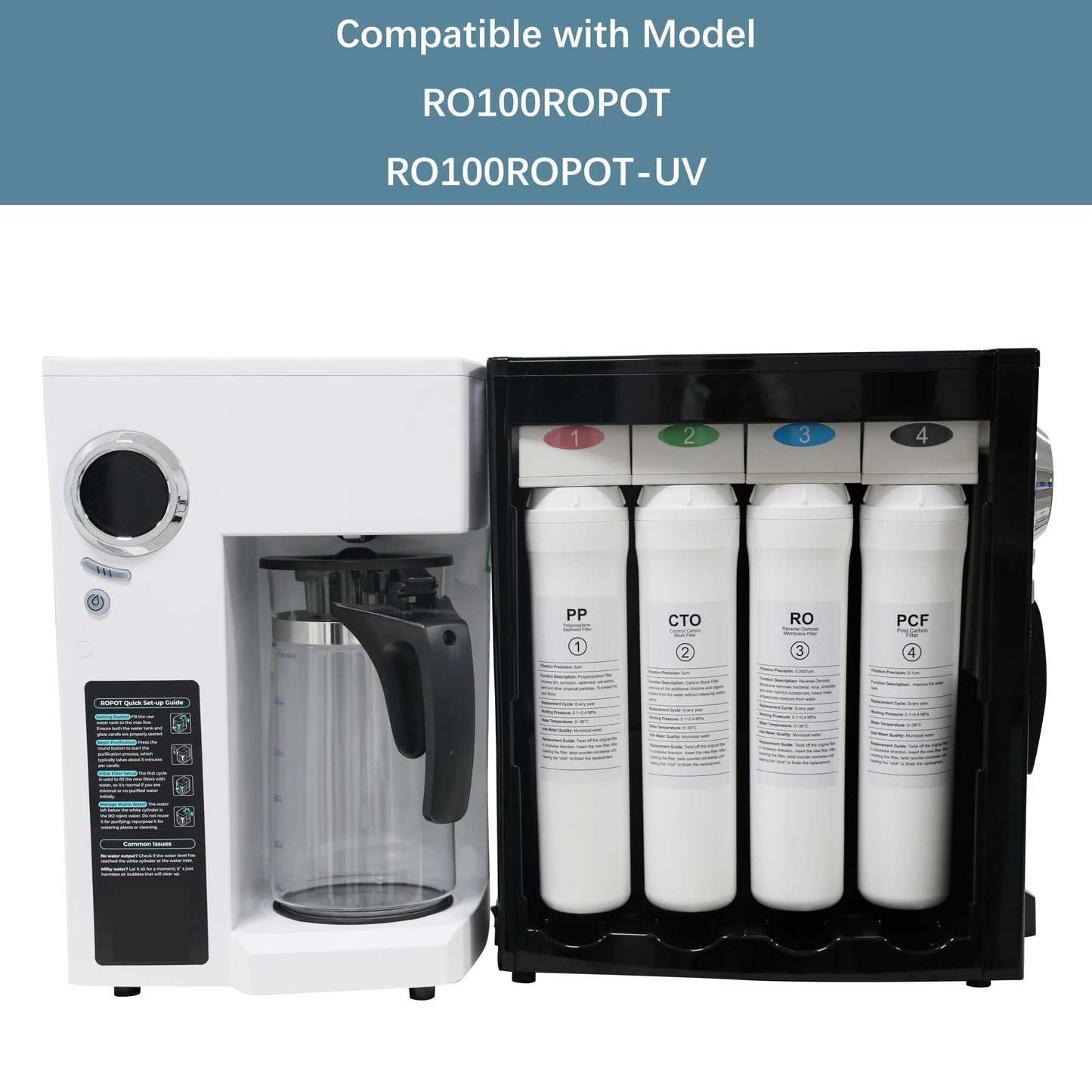 ROPOT 4-Pack Replacement Filter Set Compatible with Bluevua RO100ROPOT RO100ROPOT-UV RO System (1 PP, 1 CTO, 1 RO, 1 PCF)