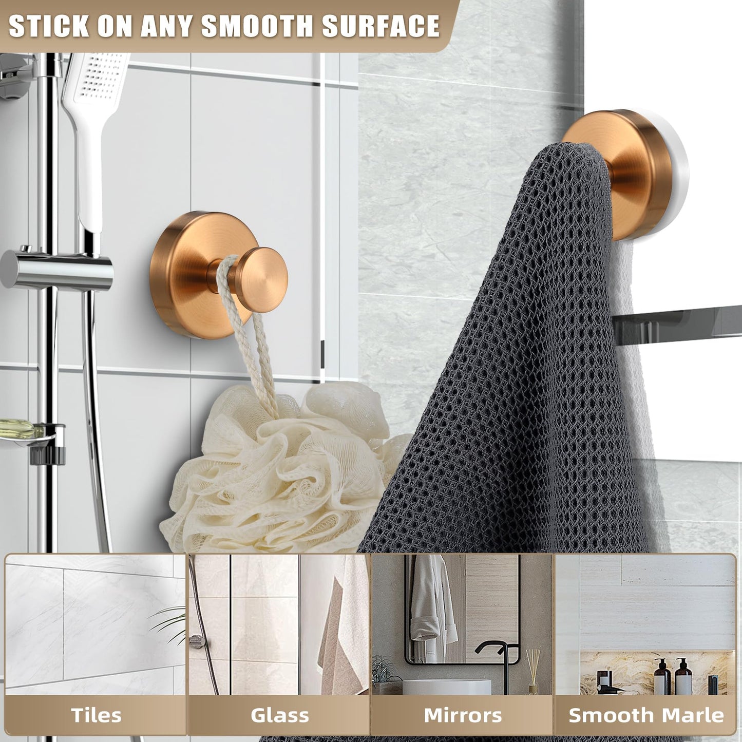 Fenas Suction Cup Hooks for Shower No-Drill Bathroom Hooks for Towels, Robes, Loofah Mountable on Bathroom Walls, Kitchen, Glass, Mirrors, Tile and Smooth,Non-Porous Surfaces (2, Champagne Bronze)