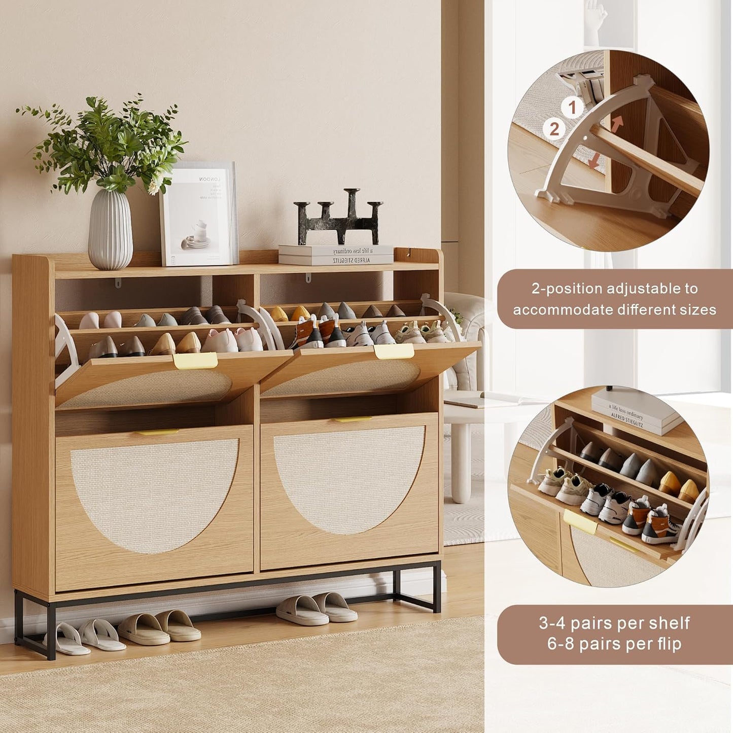 Narrow Shoe Storage Cabinet, Freestanding Shoe Cabinet Organizer for Entryway, Hallway (Oak, 4 Flip)