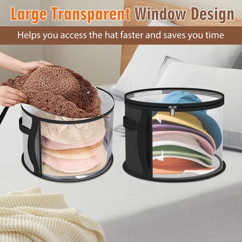 lahnao 2PCS Oversized Clear Hat Storage Bag for Women 16.5 x 10.4Inch, Round Foldable Cowboy Hat Box with Carrying Handles, Hats Box for Travel Holds up to 7 Caps (Black, Grey)