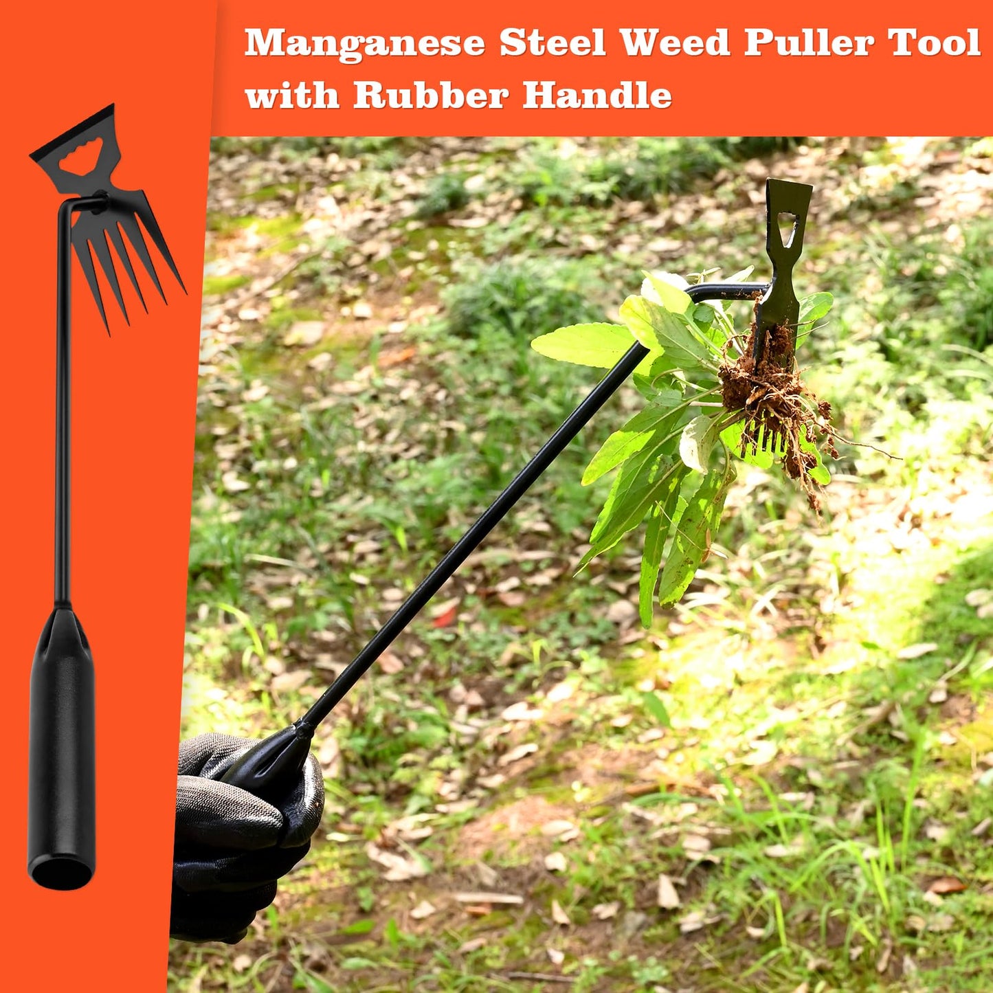 BokingOne Weed Puller Tool Garden Weed Pulling Tool, 4-Tine Manganese Steel Weeder Tool - Black Coated Forged Portable Garden Hand Weeder for Farm, Orchard & Garden (2Pack)