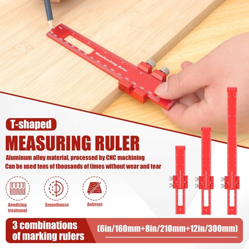 3PCS Woodworking Precision Ruler Set 6 8 12 Inch Procision Marking Ruler with Slide Stop Aluminum Rule for Pocket Marking Measuring