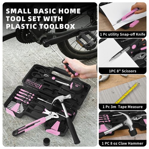 58-Piece Pink Tool Kit Basic Home Repair Tool Set, General Household Hand Tool Kit,Small Tool Kit with Plastic Toolbox Mini Tool kit for Women, Office & College Repairs