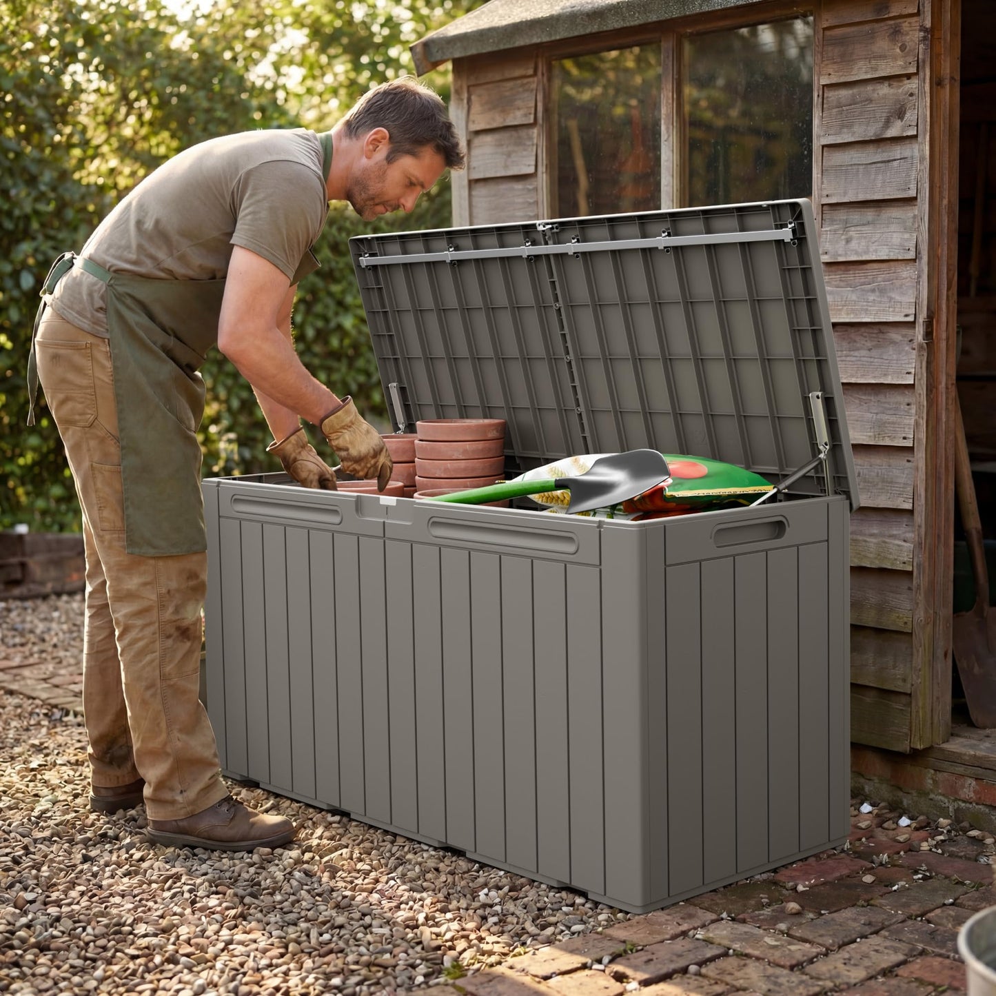 Greesum 110 Gallon Outdoor Storage Box with Lockable Lid, All-Weather Solution for Patio Furniture, Pool Supplies & Garden Tools, Waterproof, UV-Resistant Large Deck Box, Light Coffee