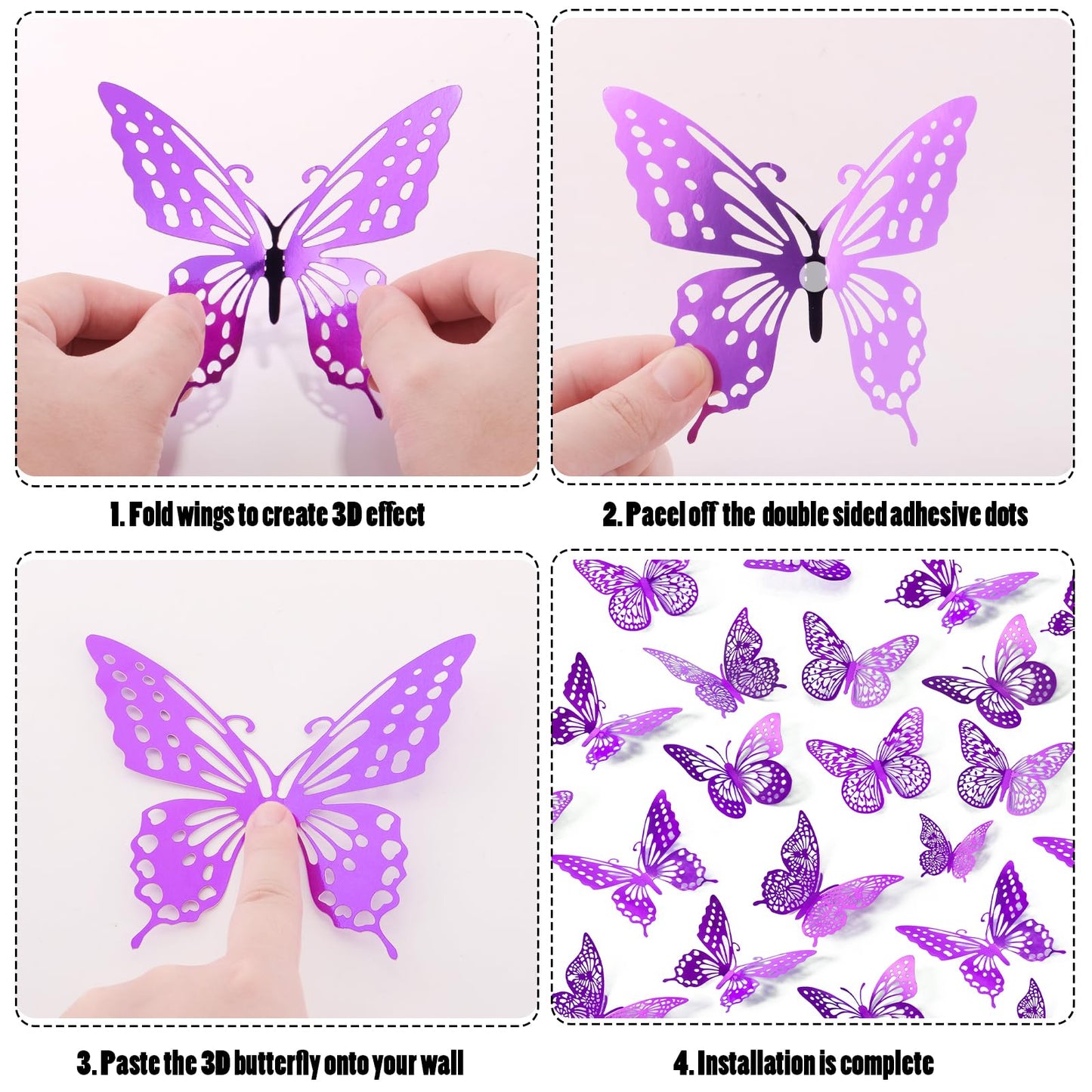 SAOROPEB 3D Butterfly Wall Decor - 48 Pcs, 4 Styles, 3 Sizes - Purple Butterfly Decorations for Birthday Parties, Removable Stickers