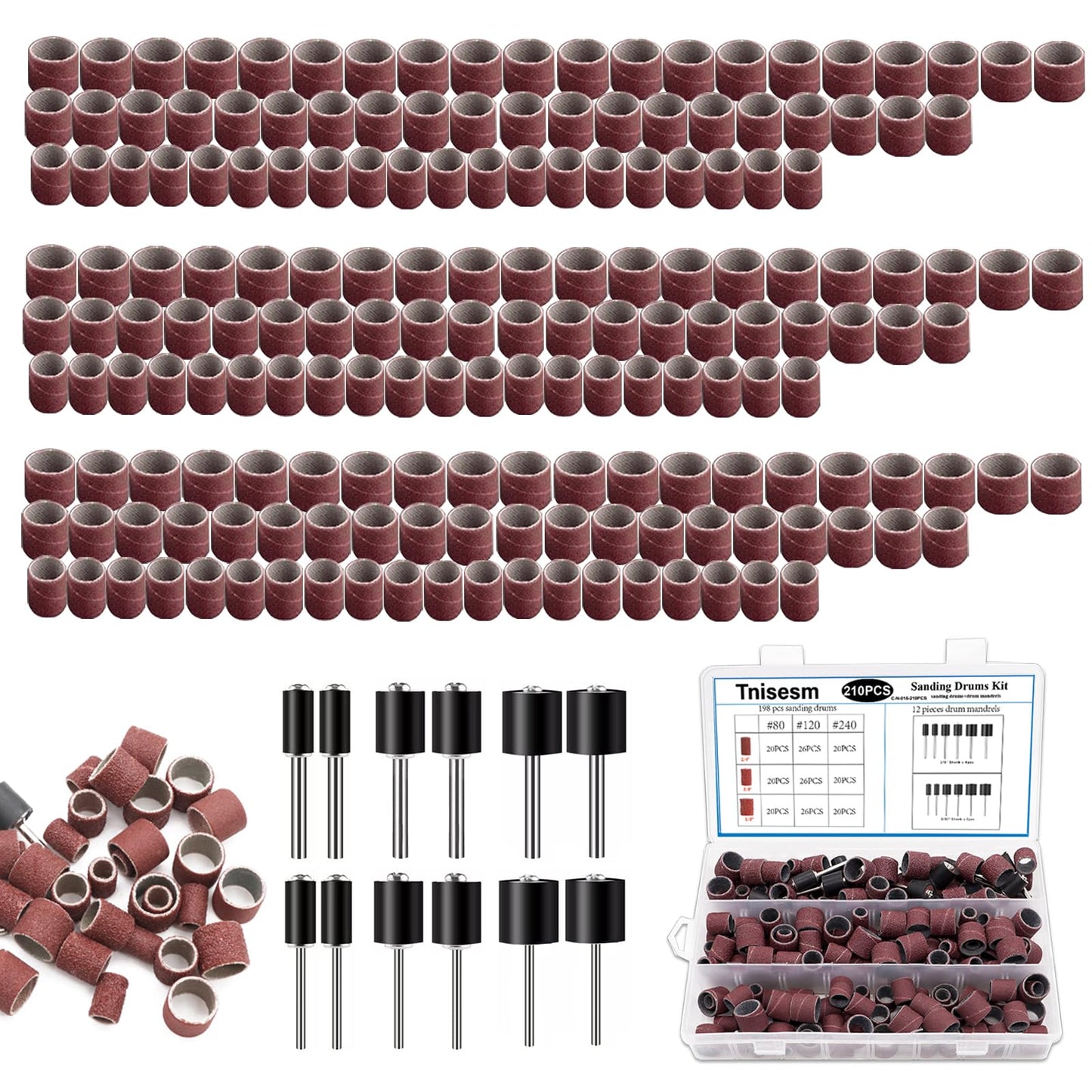 Tnisesm 210Pcs Aluminum Oxide Sanding Drum Set,Including 198 Pieces 80 120 240Grit Drum Sander Sanding Sleeves and 12 Pieces Drum Mandrels for Dremel Rotary Tool,Sanding Drums with Box