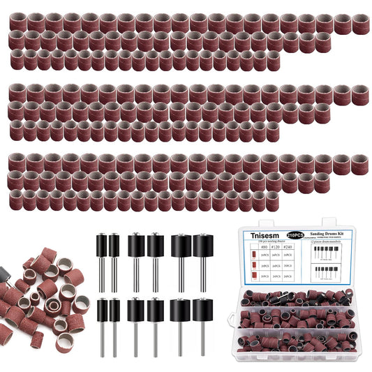 Tnisesm 210Pcs Aluminum Oxide Sanding Drum Set,Including 198 Pieces 80 120 240Grit Drum Sander Sanding Sleeves and 12 Pieces Drum Mandrels for Dremel Rotary Tool,Sanding Drums with Box