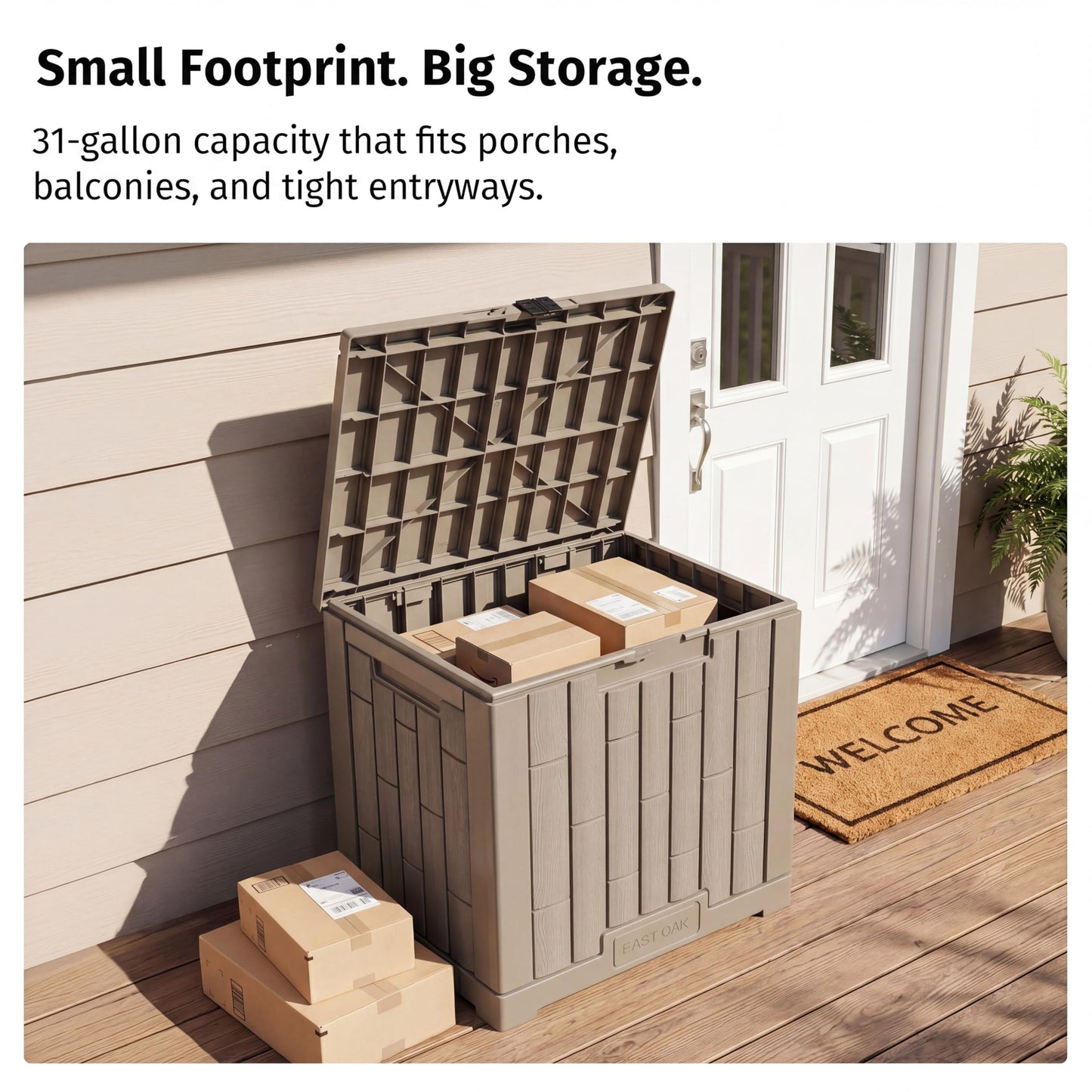 EAST OAK Outdoor Storage Box, 31 Gallon Deck Box, Waterproof Resin Storage Bin for Patio Cushions, Gardening Tools, Accessories, Lockable, UV Resistant, Brown