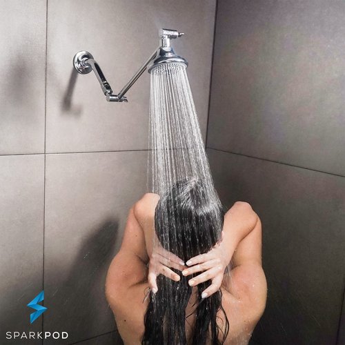 SparkPod 11" Solid Brass Shower Head Extension Arm - Flexible Height & Angle Adjustable Shower Arm Extension for Rain Showerheads with Sturdy Lock - Universal Pipe Connection (Luxury Polished Chrome)