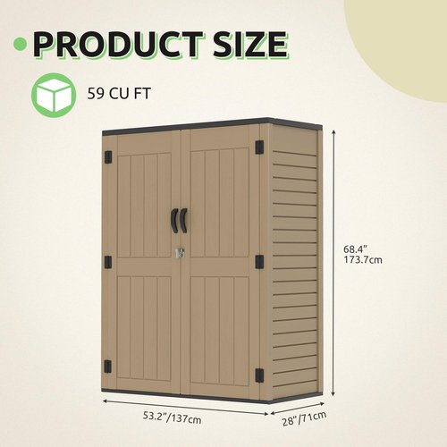GOOBED Vertical Outdoor Storage Shed, 59 Cubic Feet Resin Tall Shed, Lockable Waterproof Tool Organizer for Garden, Garage, Patio, No Shelves (Brown)