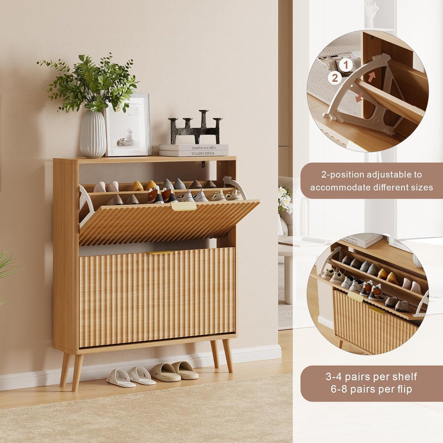 Narrow Shoe Storage Cabinet, Freestanding Shoe Cabinet Organizer for Entryway, Hallway (Oak, 4 Flip)
