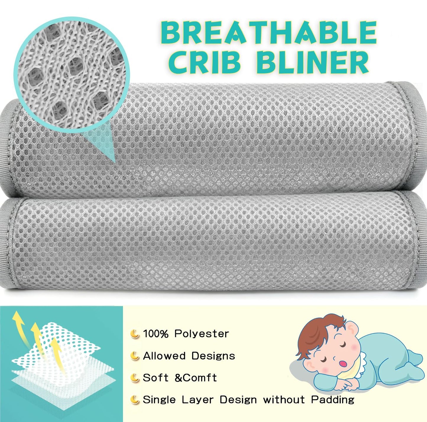ZHAXINLAOTIE 3 in 1 Breathable Crib Rail Covers for Life Size Cribs,White Soft Anti-Collision Strip Corner Covers,Protect Baby Teeth and Save Crib Rails, Rail Edge Protector Strip (4pc-Gray)