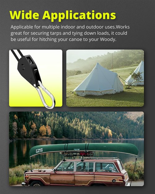 ELUFAH 4-Pack 1/8" Adjustable Retractable, Heavy-Duty Rope Hanger with Reinforced Metal Gear, 10ft Length, 75 lbs Capacity Rope for Hanging Grow Light/Kayak/Camping Tent/Various Tie-Down Work