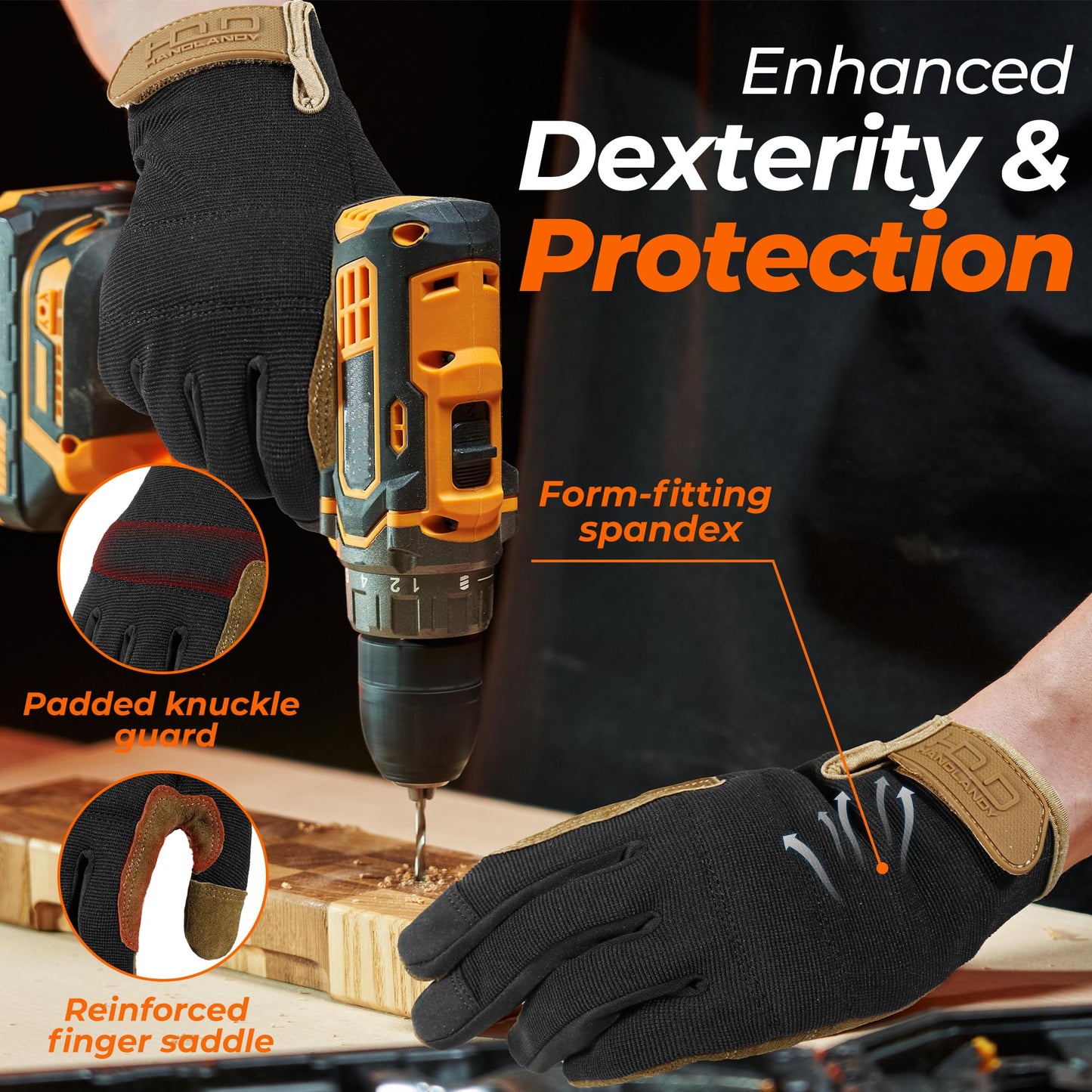 HANDLANDY Work Gloves for Men & Women, Flexible Breathable Gardening Gloves for Yard Maintenance, Leather Utility Mechanic Working Gloves Touch Screen (2X-Large, 1 Pair)