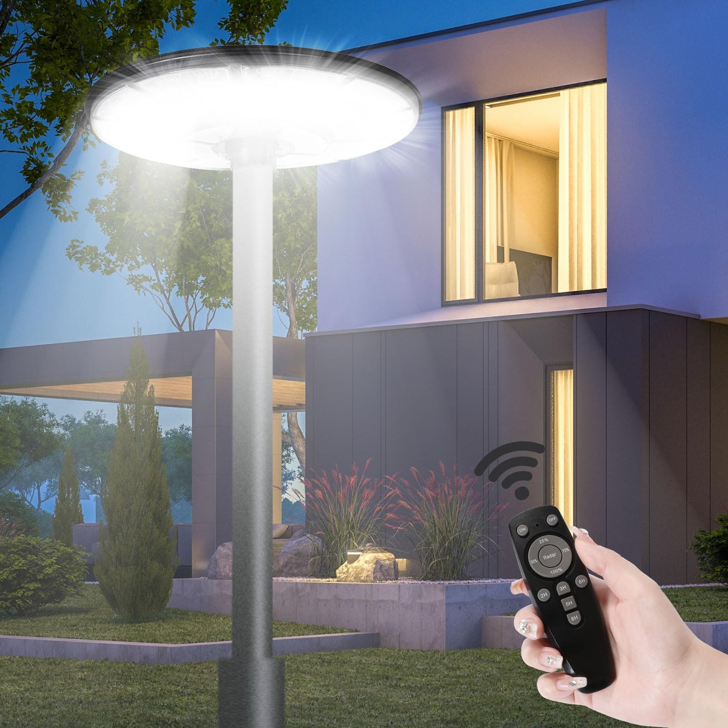 11000W Round Solar Street Lights Outdoor - Waterproof Commercial Solar Parking Lot Lights Dusk to Dawn & Motion Sensor, Solar Powered Post lamp with Remote for Outside Parking Lot Pool Yard-2 Pack