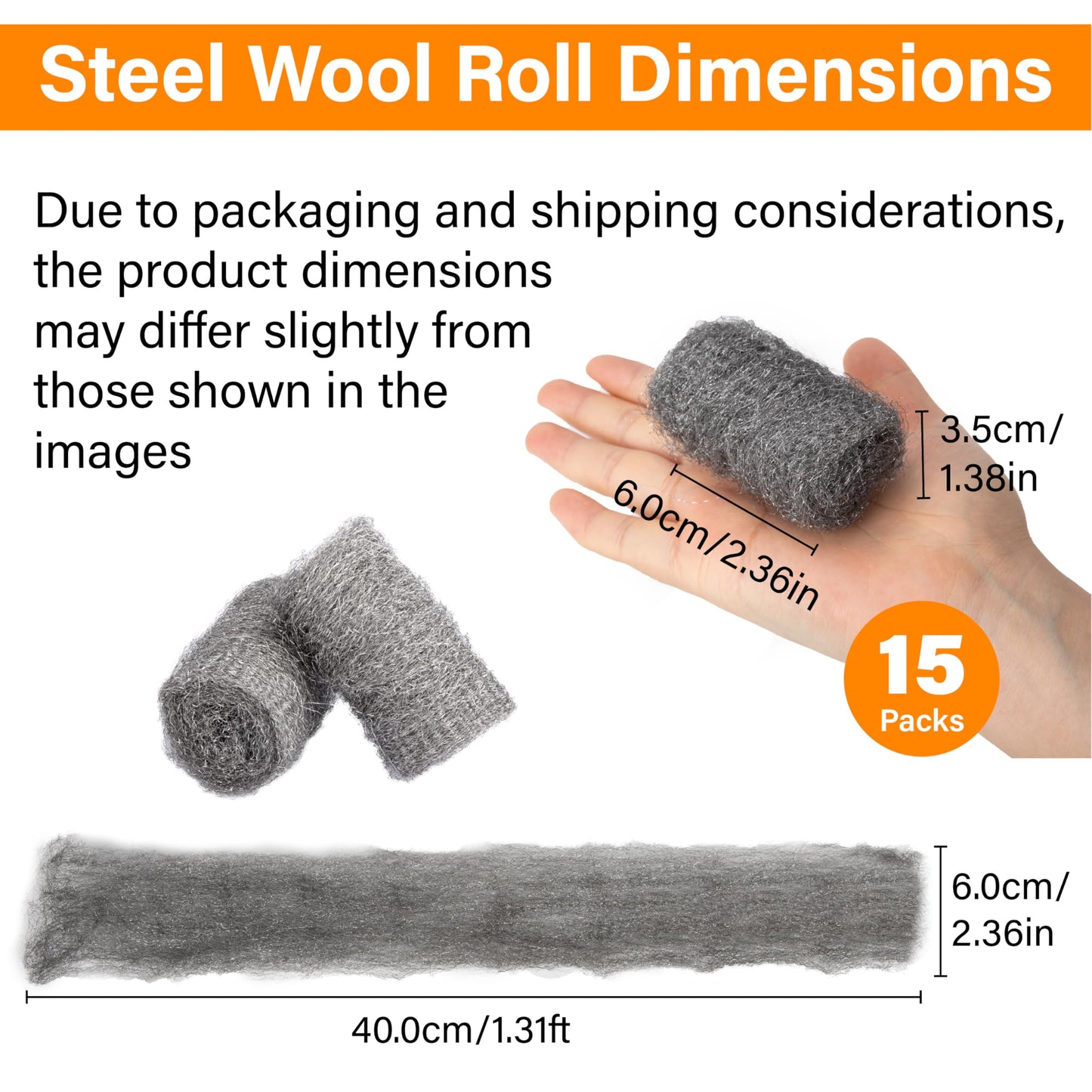 Alabrocon Bulk Steel Wool Roll Kit, Steel Wool 0000 15pcs, Gap Blocker, 0000 Steel Wool Keep Mice Away from Holes/Siding/Pipeline/Vents in Garden, House, 15 Pack × 1.6FT