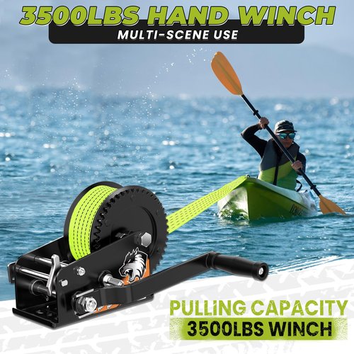 Truqual 3500LB Boat Trailer Winch, Heavy-Duty Trailer Winch with 33-ft Green Strap. Features 2-Speed Ratchet 4:1/8:1, Ideal for Loading Boats, Trucks,Jet Skis, RVs & ATVs