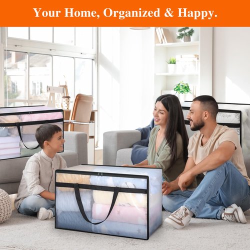 Vieshful 3 Pack 60L Clear Clothes Storage Bags with Zipper and Handles, Large Plastic Organizers for Comforter Clothes Bedding Blankets Duvets Pillow Toys & Moving