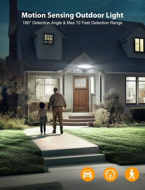 5000LM Motion Sensor Outdoor Lights Plug in, 5 Head Motion Sensor Flood Light Outdoor with Remote, Dusk to Dawn Outdoor Lighting, IP65 Waterproof Motion Detector Lights for Outside, Black