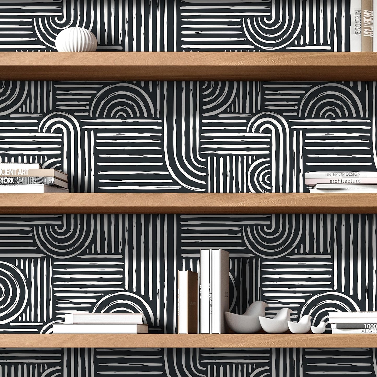 Livelynine Geometric Peel and Stick Wallpaper Black and White Modern Mid Century Geometric Abstract Wall Paper Contemporary Minimalist Lines 17.5x78.8 Geometric Pattern Contact Paper for Cabinets