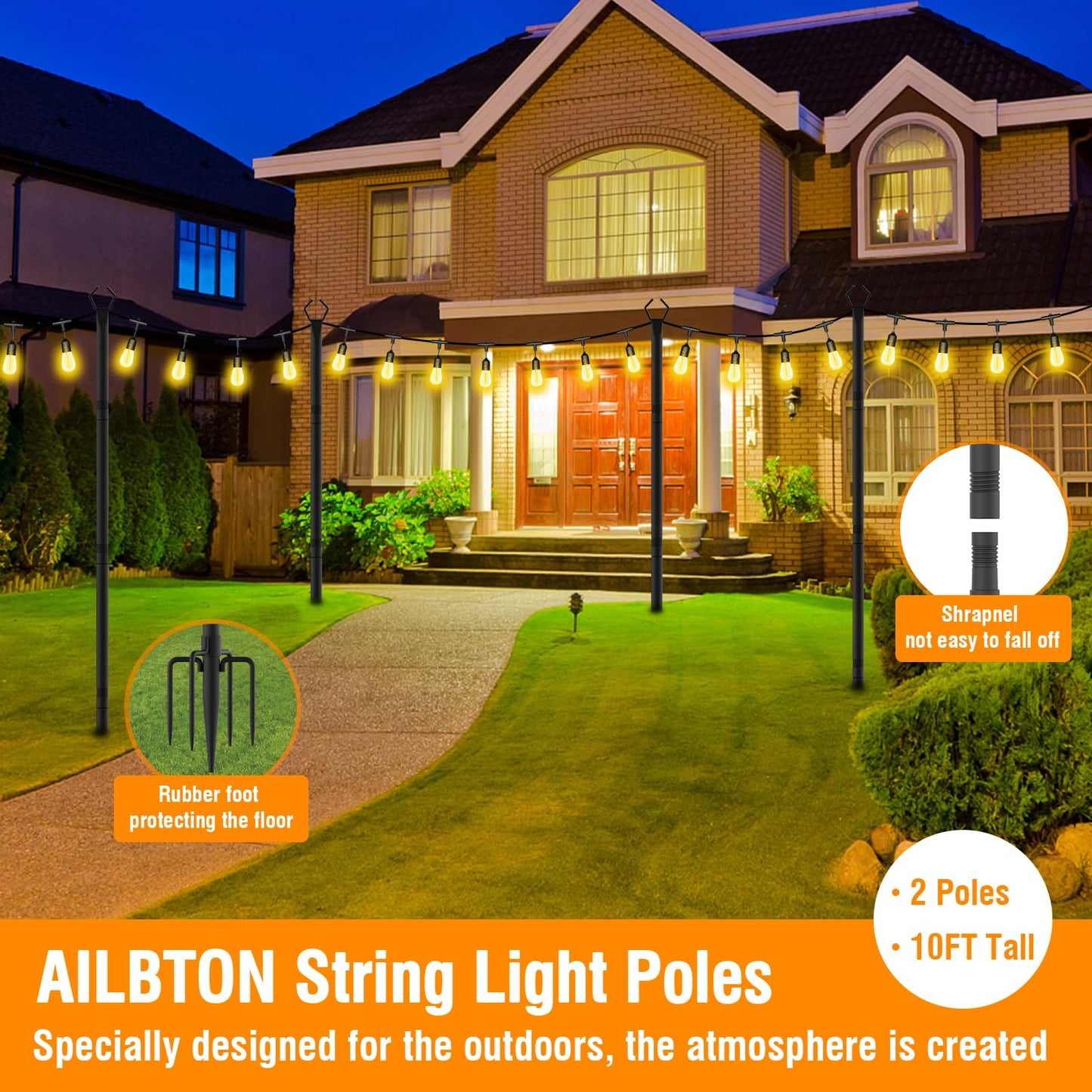 AILBTON 10Ft String Light Poles 2 Pack,Light Poles for Outside Lights,Outdoor with Fence Brackets Hanging Lights,Metal Stand Deck Patio Backyard