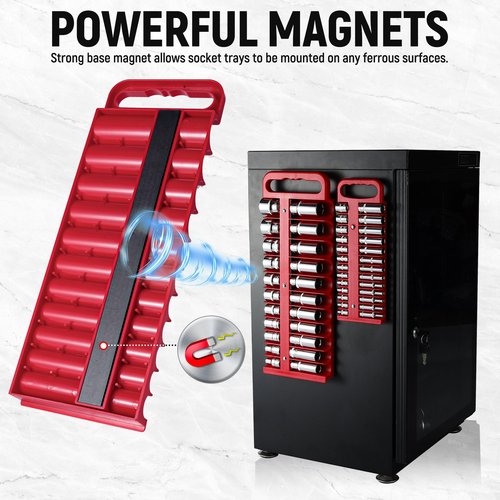 Reniteco Magnetic Socket Organizer Set, 3-Piece Red Portable Magnetic Socket Holder Tray, Heavy Duty Socket Racks For 1/2-inch& 3/8-inch& 1/4-inch Drive, Hold 76 Sockets - Fit Shallow&Deep Sockets
