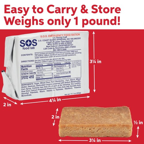 SOS Food Lab Emergency Food Bar - 2400 Calorie Ration (Shortbread Cookie) - 2 Day/48 Hour Ready to Eat Supply for Camping, Hiking, Disaster Preparedness - 5 Year Shelf Life High Energy Survival Food