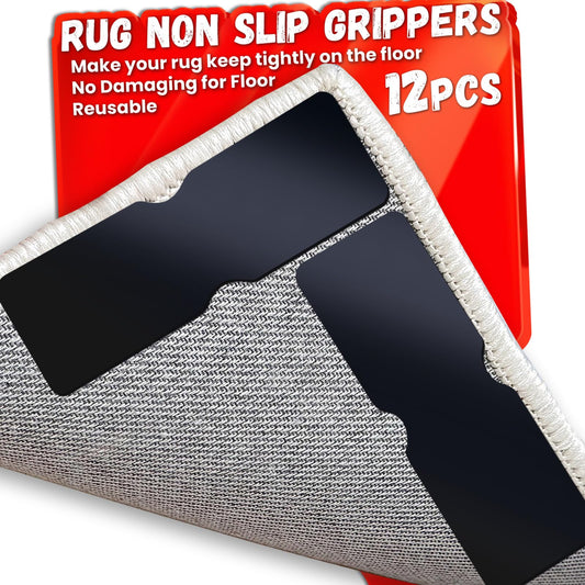 Rug Non Slip Grippers, Reusable Rug Tape Pads for Hardwood Floors, Laminate Floor, Tiles, No Residue on Flooring, Corner Grippers Carpet Tape for Area Rugs, Keep Corners Flat (12)