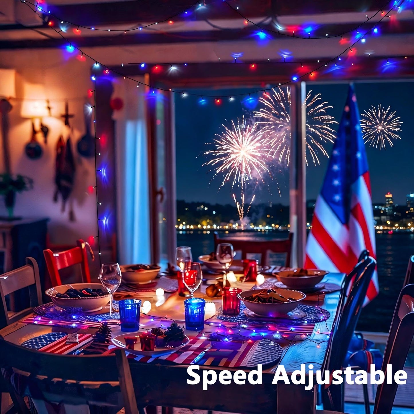 Joomer Red Blue White String Lights Outdoor, 100FT 300LED RGB Lights with Remote Timer Memory, Waterproof Indoor Outdoor 4th of July Independence Day Memorial Day Patriotic Yard Garden Decor