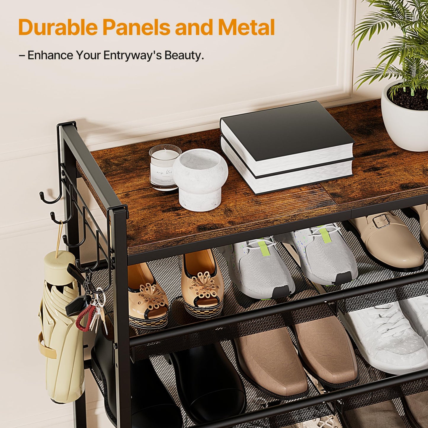 neatevday 4 Tier Shoe Rack, Shoe Rack for Front Door Entrance with Hook, Shoe Organizer with Adjustable Mesh Shelves, Metal Shoe Rack for Entryway, Closet, Bedroom Living Room Garage