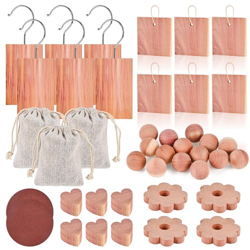 Tigvio 48-Pc Cedar Blocks for Clothes Storage: Blocks, Planks, Hooks, Rings, Balls, & Sachets for Closet, Drawer, Bookshelf & Shoe Protection - Natural Cedar Scent