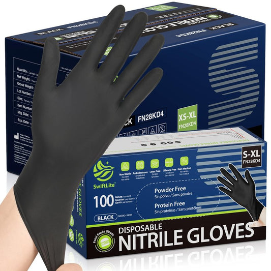 SWIFTLITE Nitrile Gloves, Disposable Black Gloves, Food Safe Rubber Gloves, Latex-Free, Powder-Free for Cooking, Cleaning, Food Prep (X-Large, 1000 Counts)