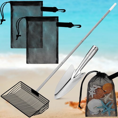 Lasnten 4 Pcs Stainless Steel Sand Sifter Wide Sand Flea Rake Set Detachable Long Handle 54 Inch Shell Scooper for Beach Basket Sifter with Beach Shovel Mesh Bag for Picking Shell Collecting Fleas