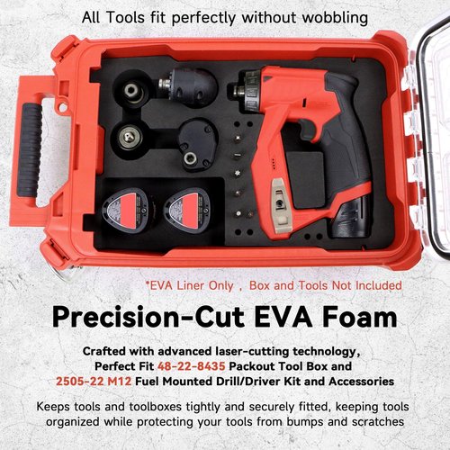 Terixe EVA Liner for Milwaukee 48-22-8435 Packout Tool Box - Precision-Cut Foam Insert Organizer for 2505-22 M12 Fuel Installation Drill/Driver Kit & Accessories (Black)