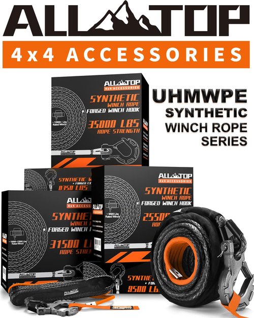 ALL-TOP Synthetic Winch Rope w/Hook & Isolator, 1/4in x 50ft, 9500Lbs UHMWPE Cable Replace Kit, Forged Hook & Rubber Stopper & Safety Pull Strap