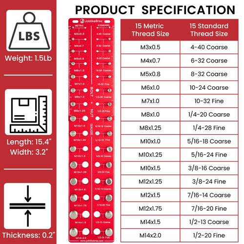 JoblikeBrez Thread Checker, 30 Nut and Bolt Thread Checker, Bolt Size and Thread Gauge 15 Standard & 15 Metric, Bolt Size Finder, Wall-Mountable Bolt Thread Identifier Gauge with Inch & CM Ruler