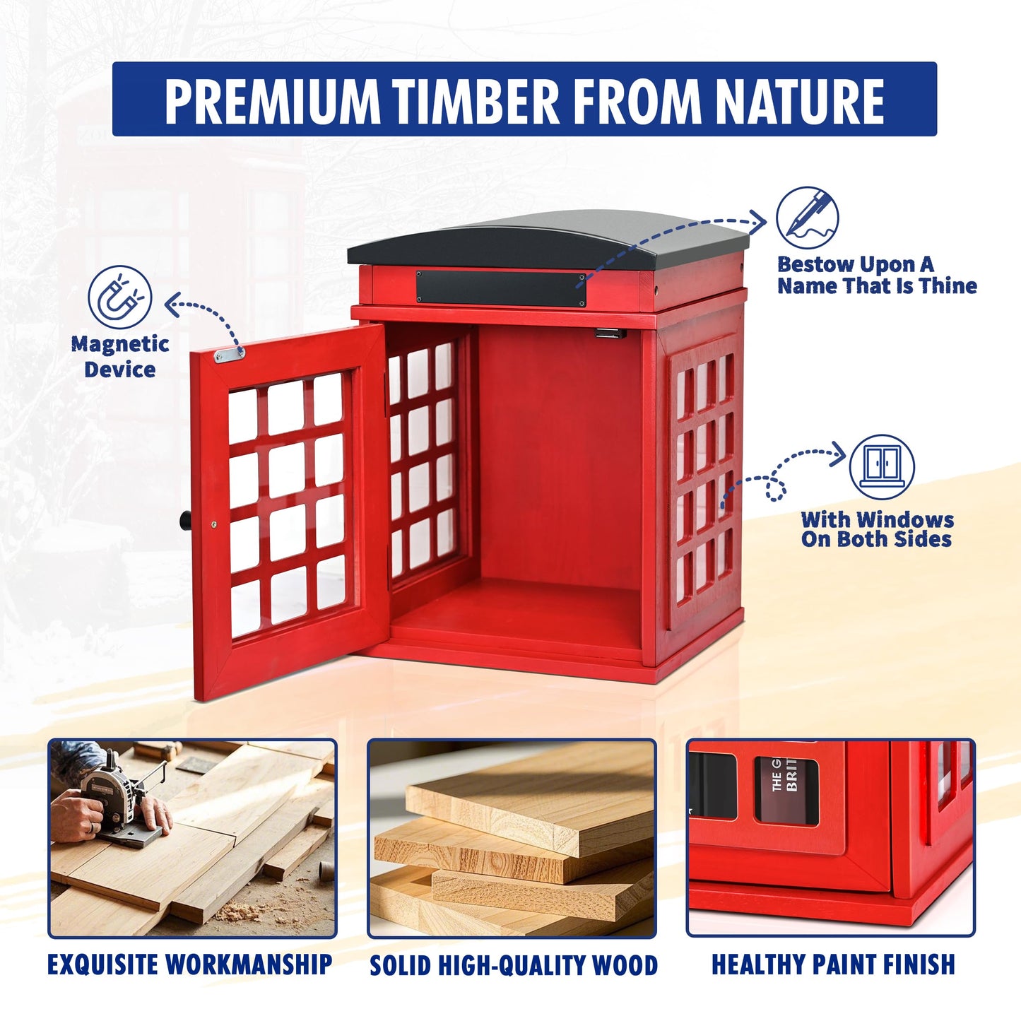 Outdoor Book Sharing Box, Waterproof Tin Roof Wooden Book Exchange Cabinet for Communities, Neighborhoods, and Schools, DIY Literature Storage for Books, Magazines, and Art (Red Telephone Booth)