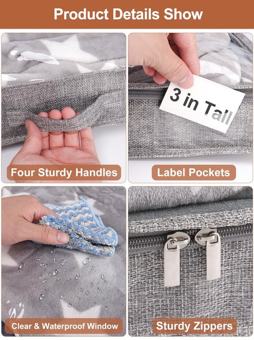3 Inch Low Profile Under Bed Storage Bins with NO STURCTURE Design, Shallow Clothes Storage Bags with Clear Lids & Waterproof Fabric, 2-Pack, Grey – Fits Under Sofa, Couch, Dorm, or College Beds