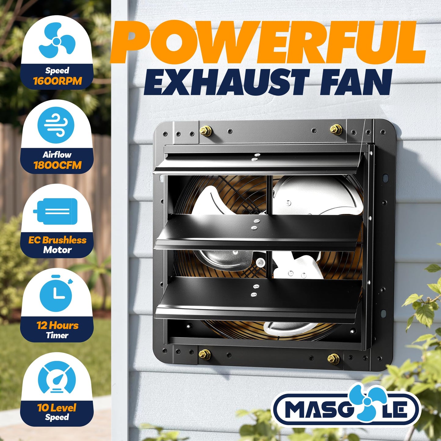 Masgole 12" Shutter Exhaust Fan with Thermostat, DC Motor, Attic Fan with Humidity Sensor, Low Noise, Wall Mount Ventilation and Cooling for Sheds, Attics, Workshops, Black