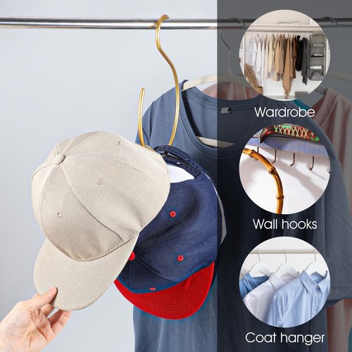 Ymapinc 2Pcs Cap Hanger for Baseball Caps, S-Shaped Gold Hook Hat Hangers for Closet Organizers and Storage, Room Space Saving Rack Capacity for 20 Hats